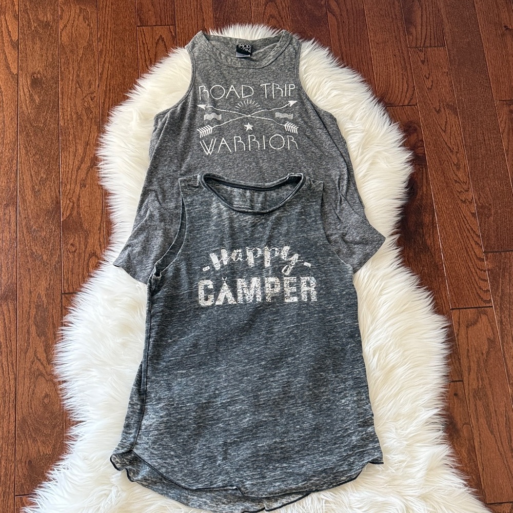 2 Graphic Flowy Tank Tops - 'Happy Camper' & ‘ Road Trip Warrior’